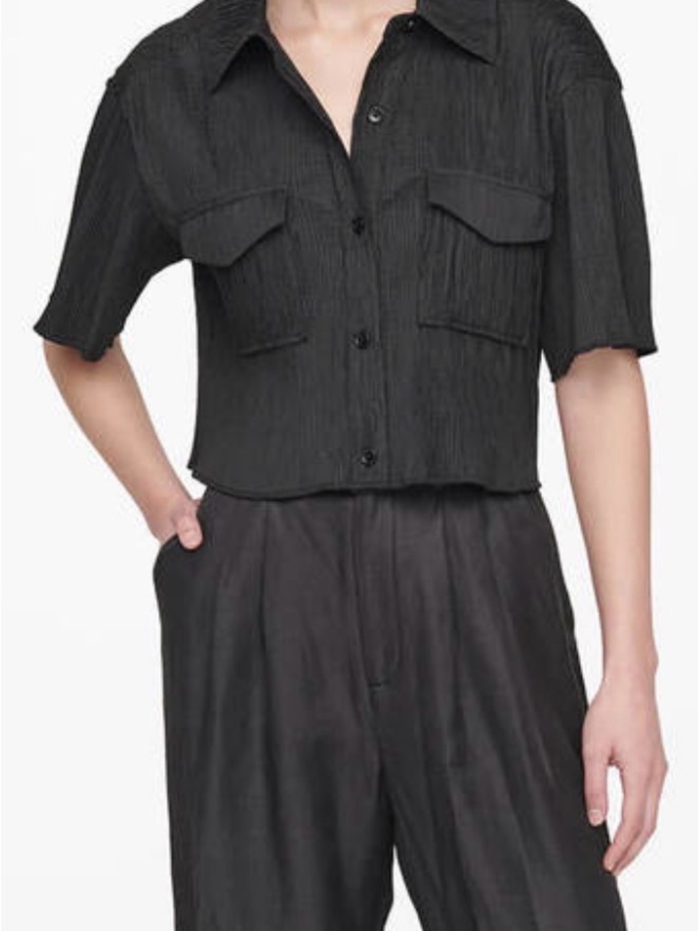 Anine Bing scout shirt Cropped Textured Button-Front Shirt Black